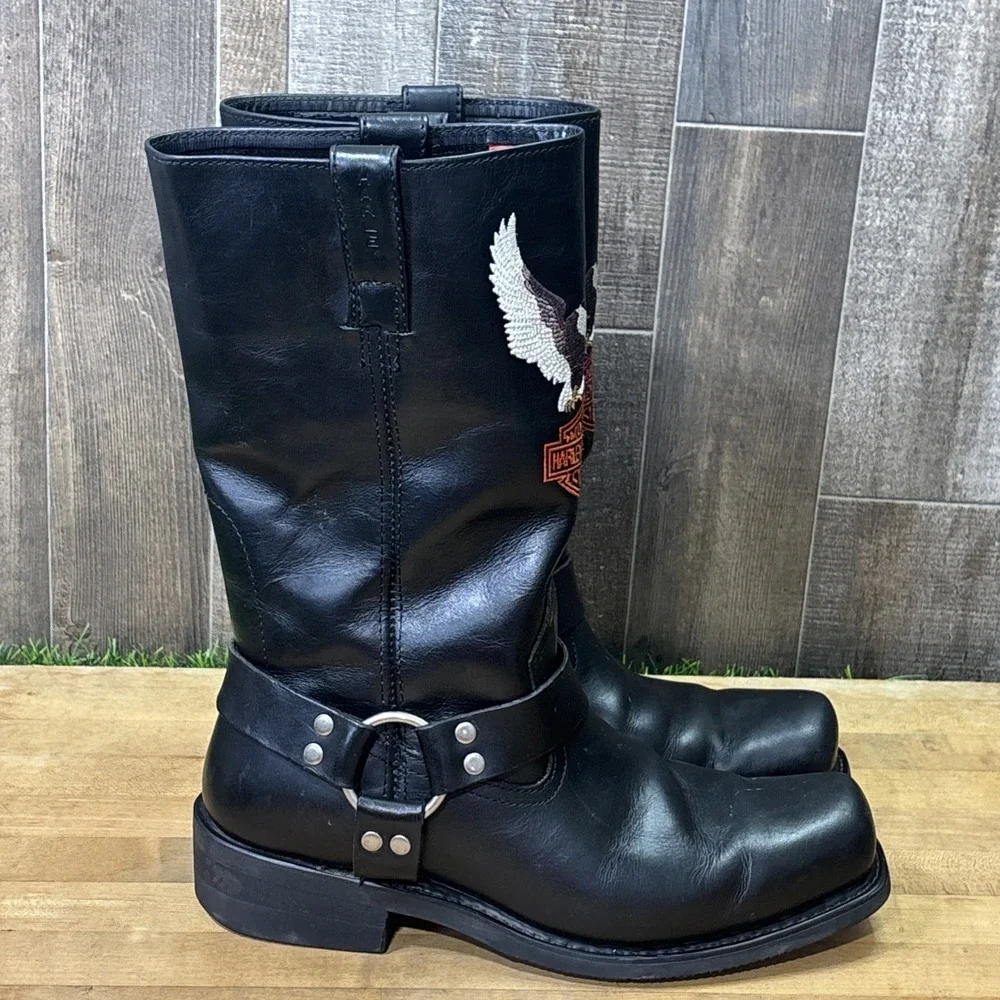 Harley Davidson Darrin Mens 10.5 Black Leather Motorcycle Harness Boots Eagle